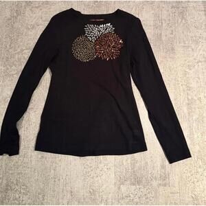 Tory Burch Women's Black Long Sleeve Top with Floral Sequin Detail sz L